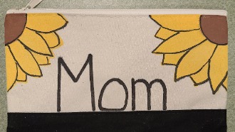 Hand painted canvas pouch with sunflowers and Mom in text