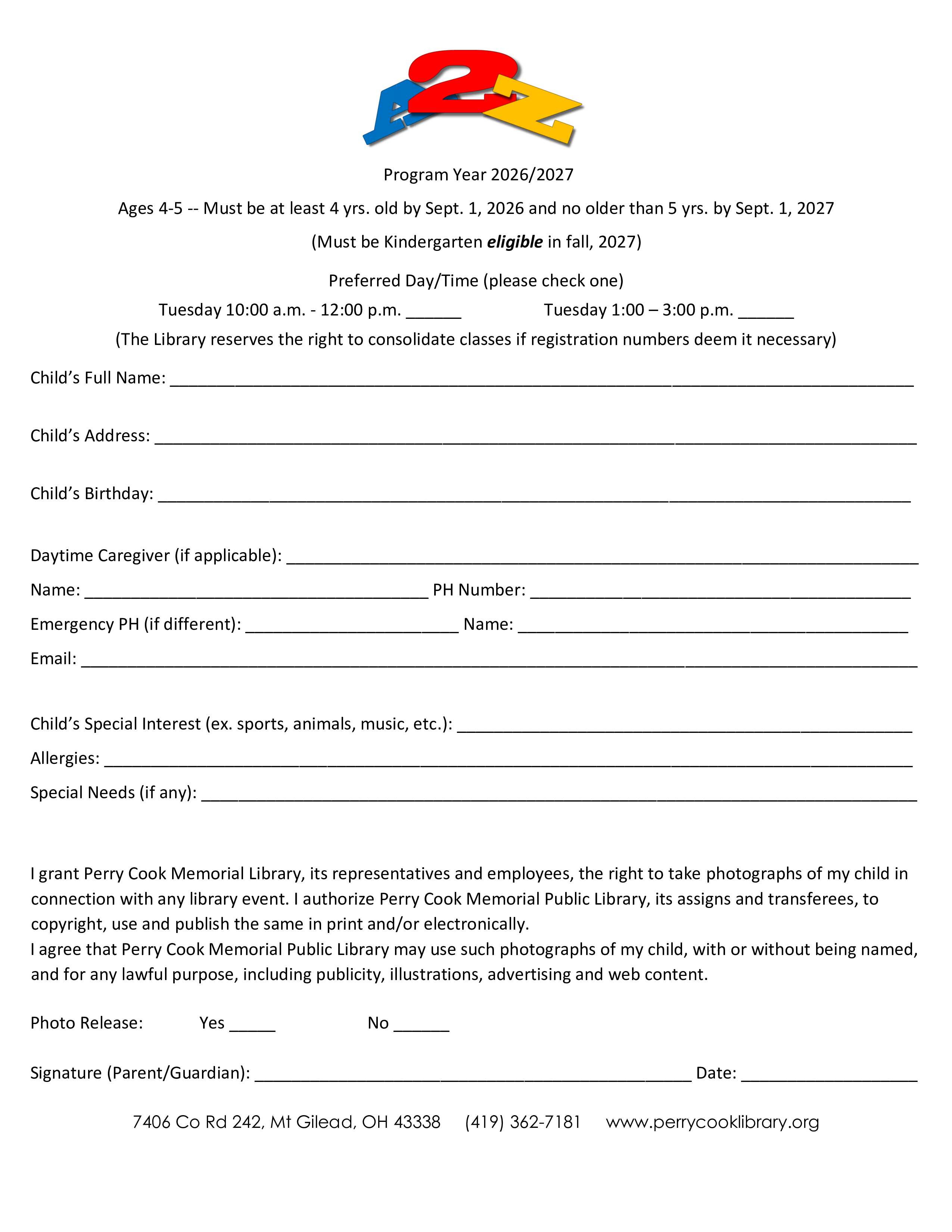Registration form for A2Z program at Perry Cook that collects demographic data.