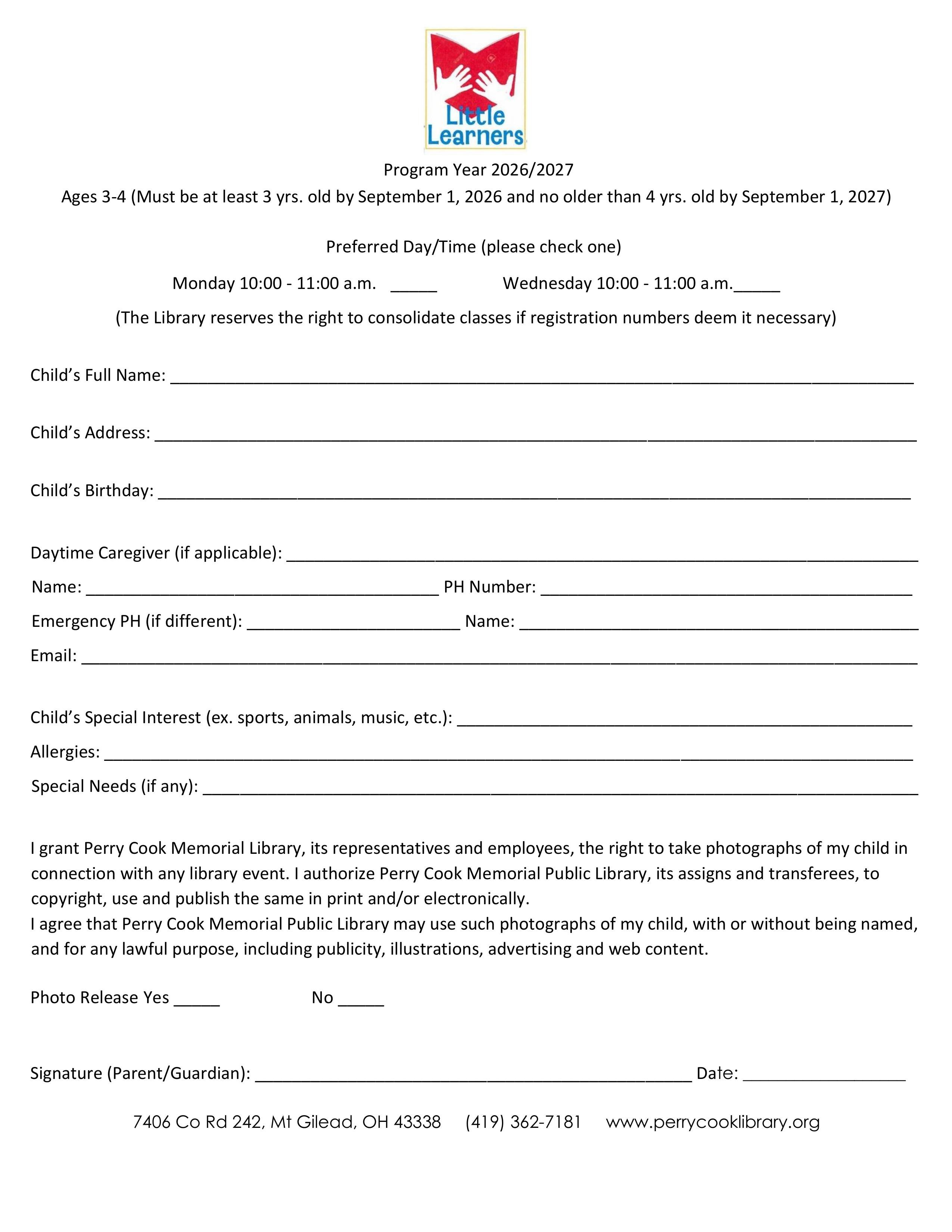 Registration form for Little Learners program to collect demographic data.