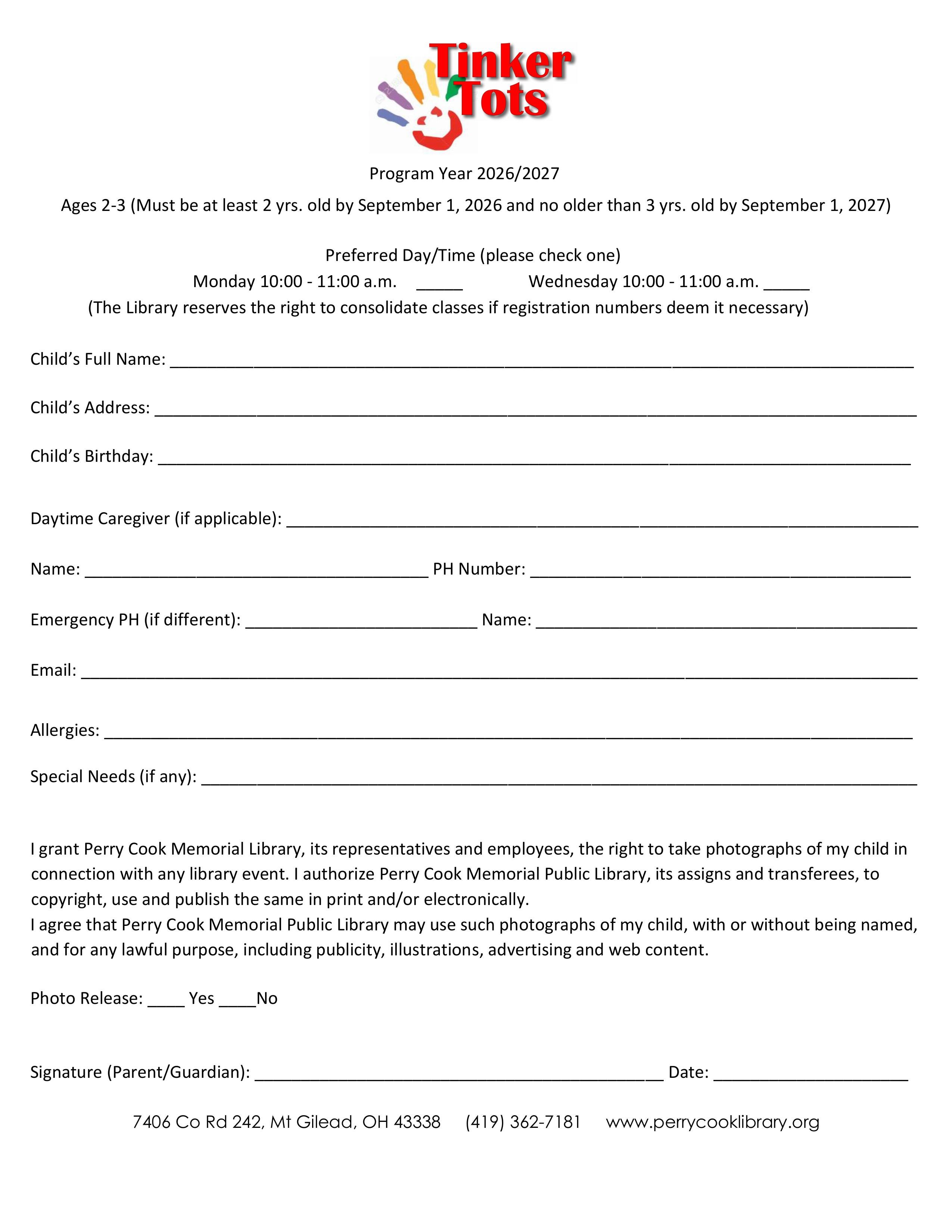 Tinker Tots program registration form to collect demographic information.