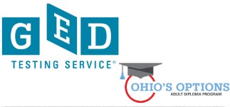 Text reading GED testing service and Ohio's Options Adult Diploma Program with black graduation cap and tassel.