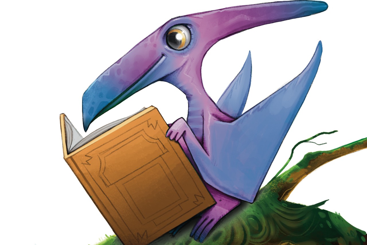 A cartoonish blue and purple hued pterodacytl sitting on a green brach and holding an open brown book.