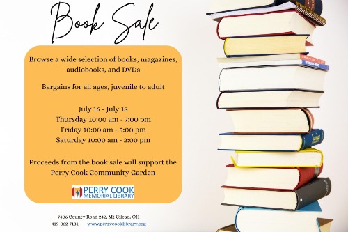 A tall stack of books on a white background alongside text 'Book Sale."