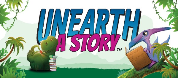 Jungle vines surround a cartoon green t-rex and a purple pterodactyl, both reading books, with text saying 'Unearth a Story.'