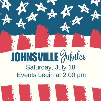 Stylized painting of the American flag, featuring white hand-drawn stars on a blue background and paint-brushed red stripes. Text says 'Johnsville Jubilee'.