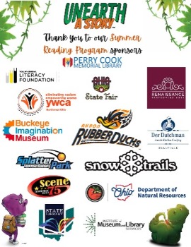 Logos for Perry Cook Memorial Library and its "Unearth a Story" summer reading program sponsors.