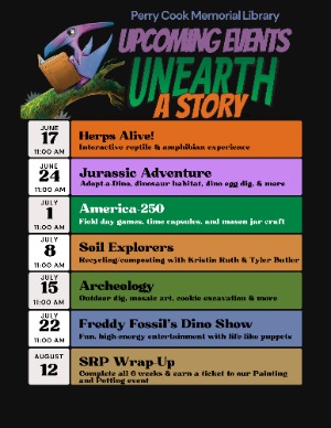A purple cartoon pterodactyl sits on a mossy branch reading a book, text says 'Perry Cook Memorial Library Upcoming Event, Unearth a Story'. 