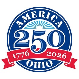 Red, white, and blue seal of the America-250 Ohio Commission, which includes the years 176-2026.
