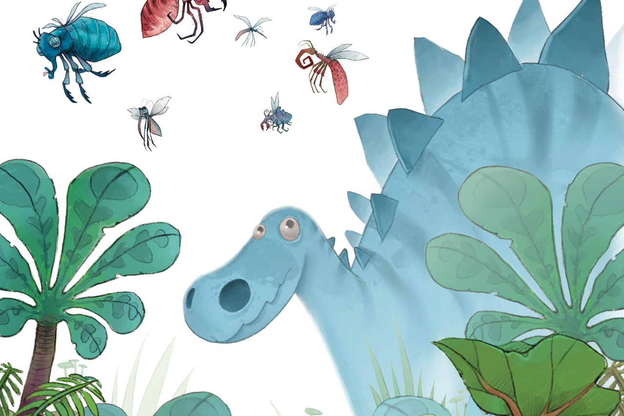 Cartoon jungle scene featuring a large blue dinosaur emerging from lush green foliage and surrounded by large flying insects.