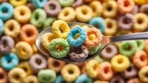 A multitude of pastel-colored cereal loops, with a silver spoonful in the foreground.