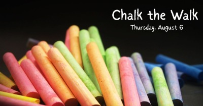 A pile of chalk sticks in neon-pastel colors on a dark background with text saying "chalk the walk, Thursday, August 6."