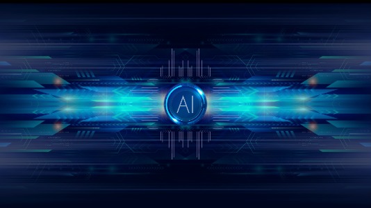Futuristic blue digital background with circuit patterns and glowing light beams, centered around a circular icon labeled "AI" in a neon ring.