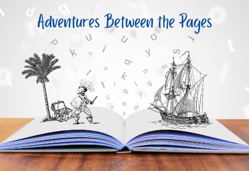 An open book lays on a wood table. Black letters, a pirate ship, and a pirate under a palm tree with a treasure chest pop up from the open pages.