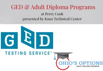 GED Testing Service & Ohio's Adult Diploma Program logos beneath text saying "GED & Adult Diploma Programs at Perry Cook."