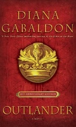 Red cover of "Outlander" book by Diana Gabaldon featuring a gold, decorated crown.