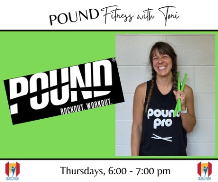A woman in a black Pound Pro tank top holds two green drumsticks up at her shoulder alongside text saying "POUND Fitness with Toni, Thursdays, 6:00-7:00 pm.