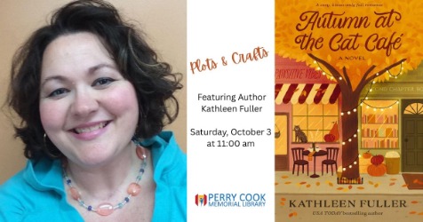 Author Kathleen Fuller alongside a book cover for her book "Autumn in the Cat Cafe" and text saying Plots & Crafts.