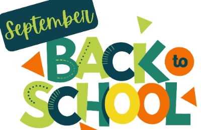 Green, yellow, and orange text saying "Back to School" alongside a blue box containing the word "September."
