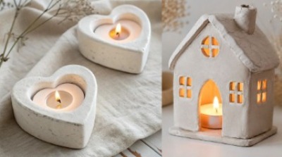 Two white clay heart tea light holders alongside a white house with a chimney tea light holder. All three with burning, glowing candles. 