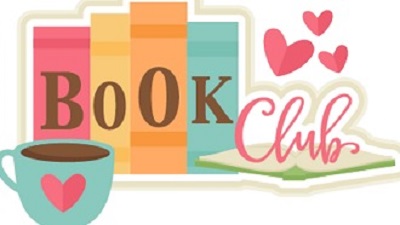 A teal coffee-filled mug alongside text saying "Book Club" and three pink hearts.