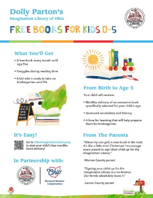 Dolly Parton's Imagination Library of Ohio Free Books for Kids flyer, providing basic program information.