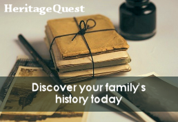 HeritageQuet logo, featuring text reading "discover your family's history today"