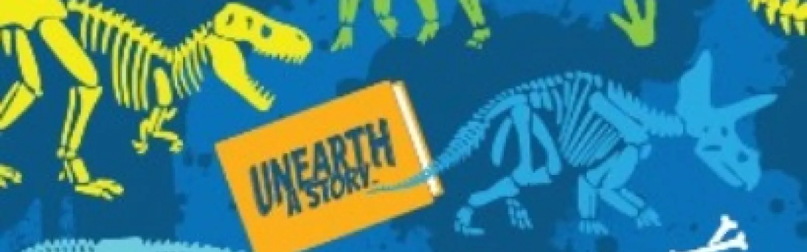 A yellow book saying "unearth a story", alongside yellow, green, and light blue dinosaur skeletons on a dark blue background.